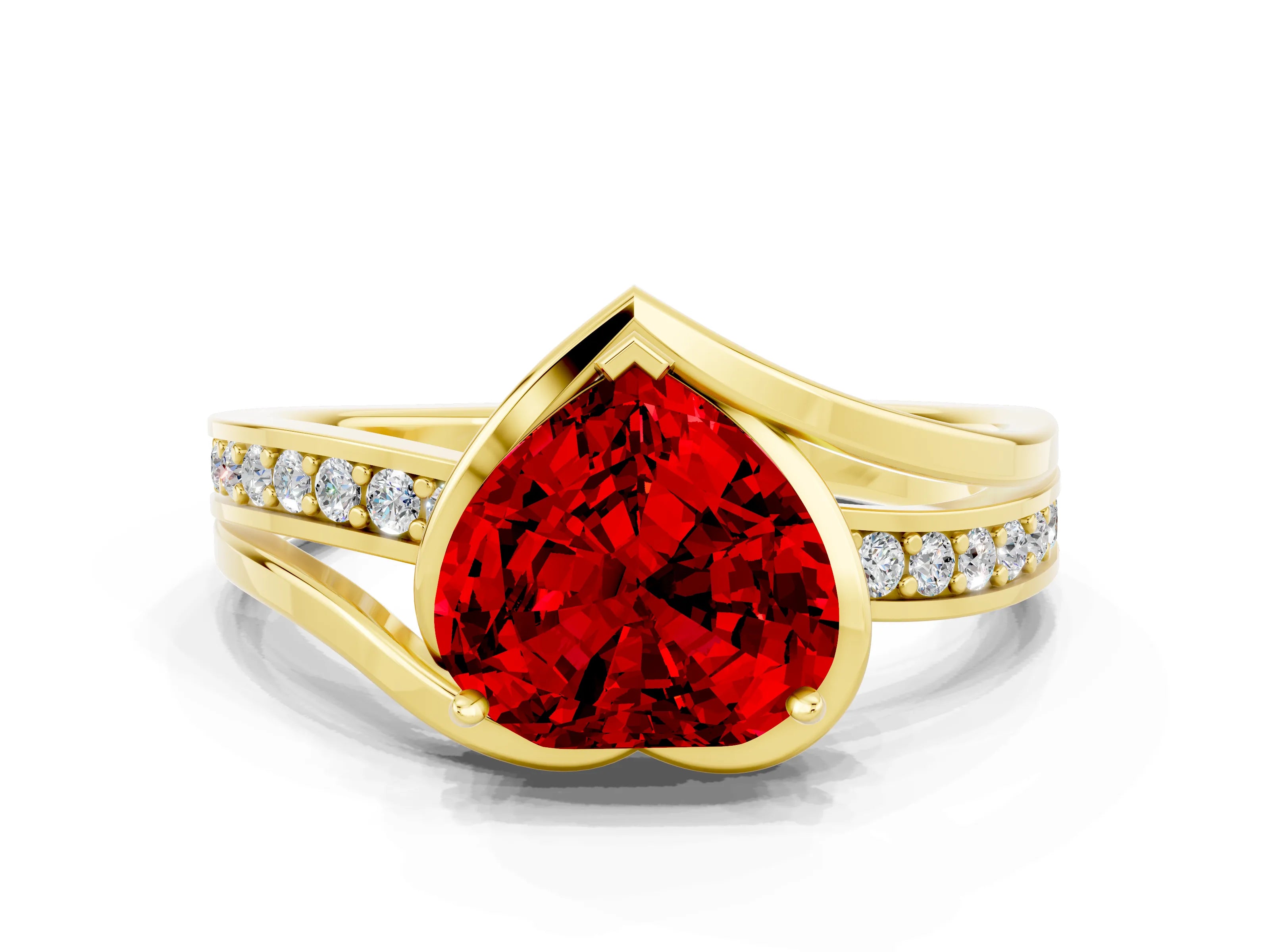 Yellow gold Heart Cut Ruby Solitaire Ring with Split Shank and Prong Setting