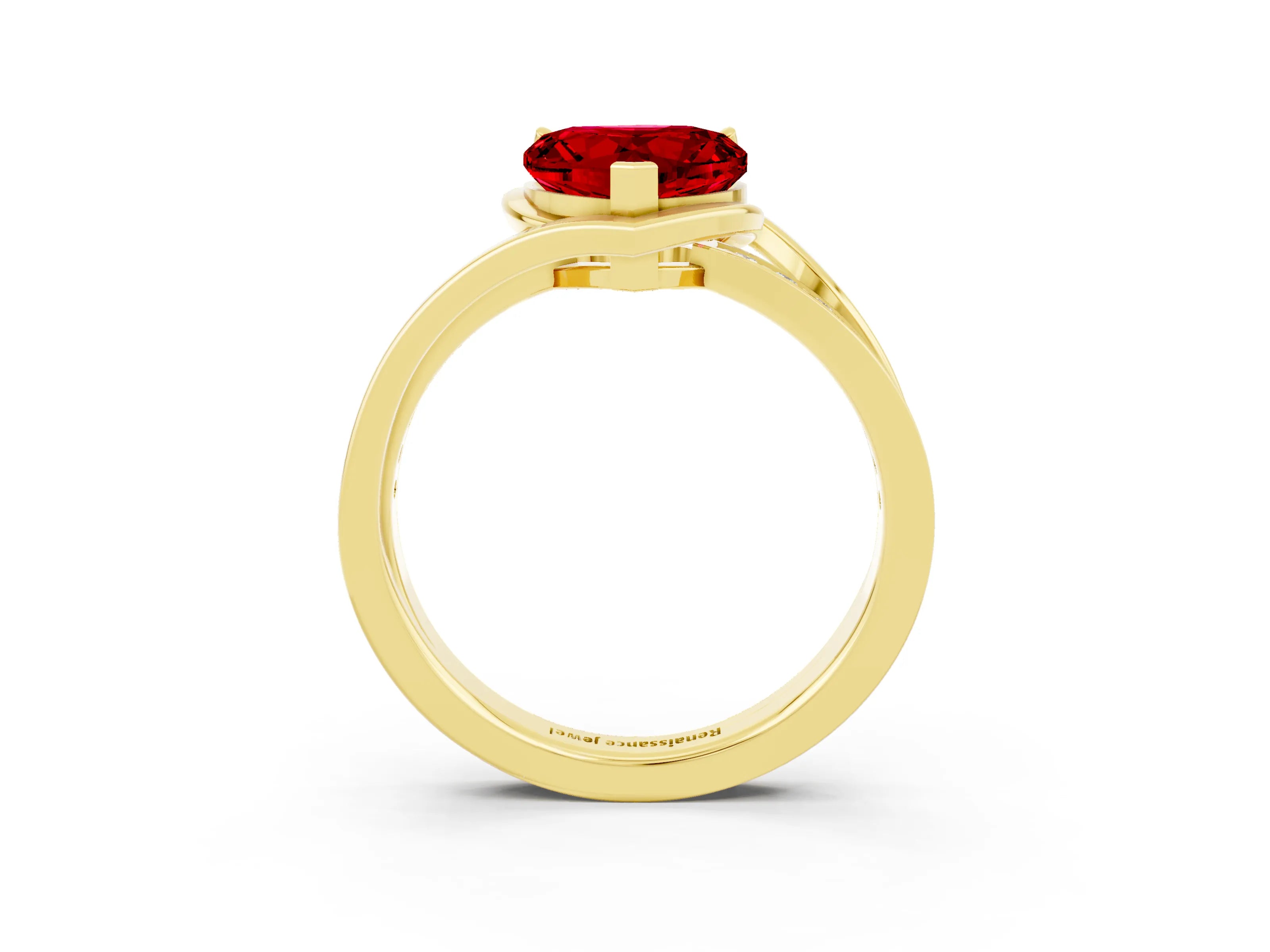 Yellow gold Heart Cut Ruby Solitaire Ring with Split Shank and Prong Setting_3