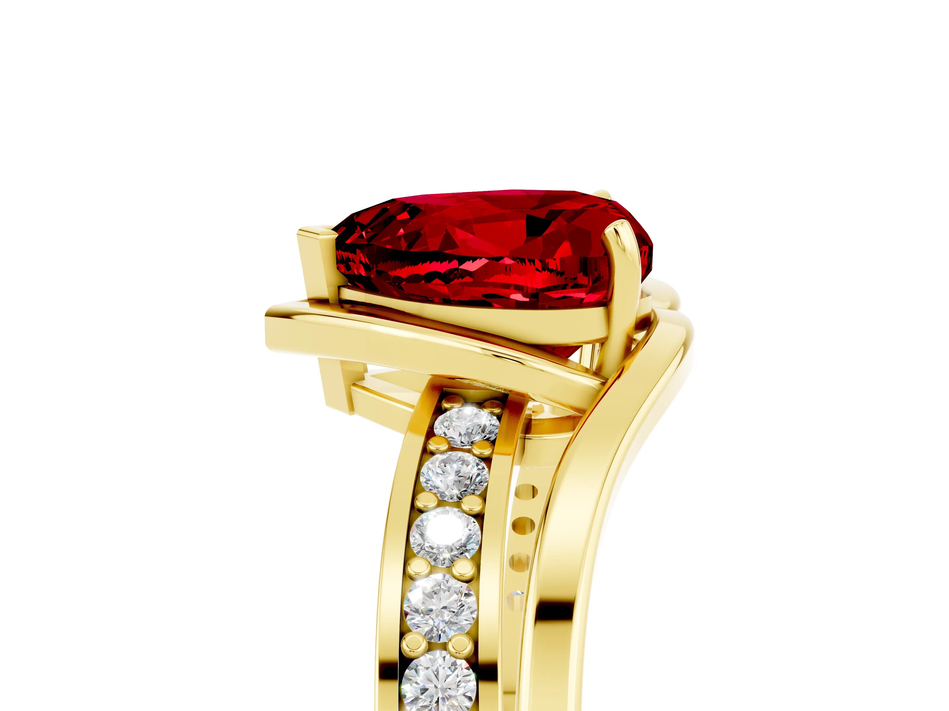 Yellow gold Heart Cut Ruby Solitaire Ring with Split Shank and Prong Setting_5