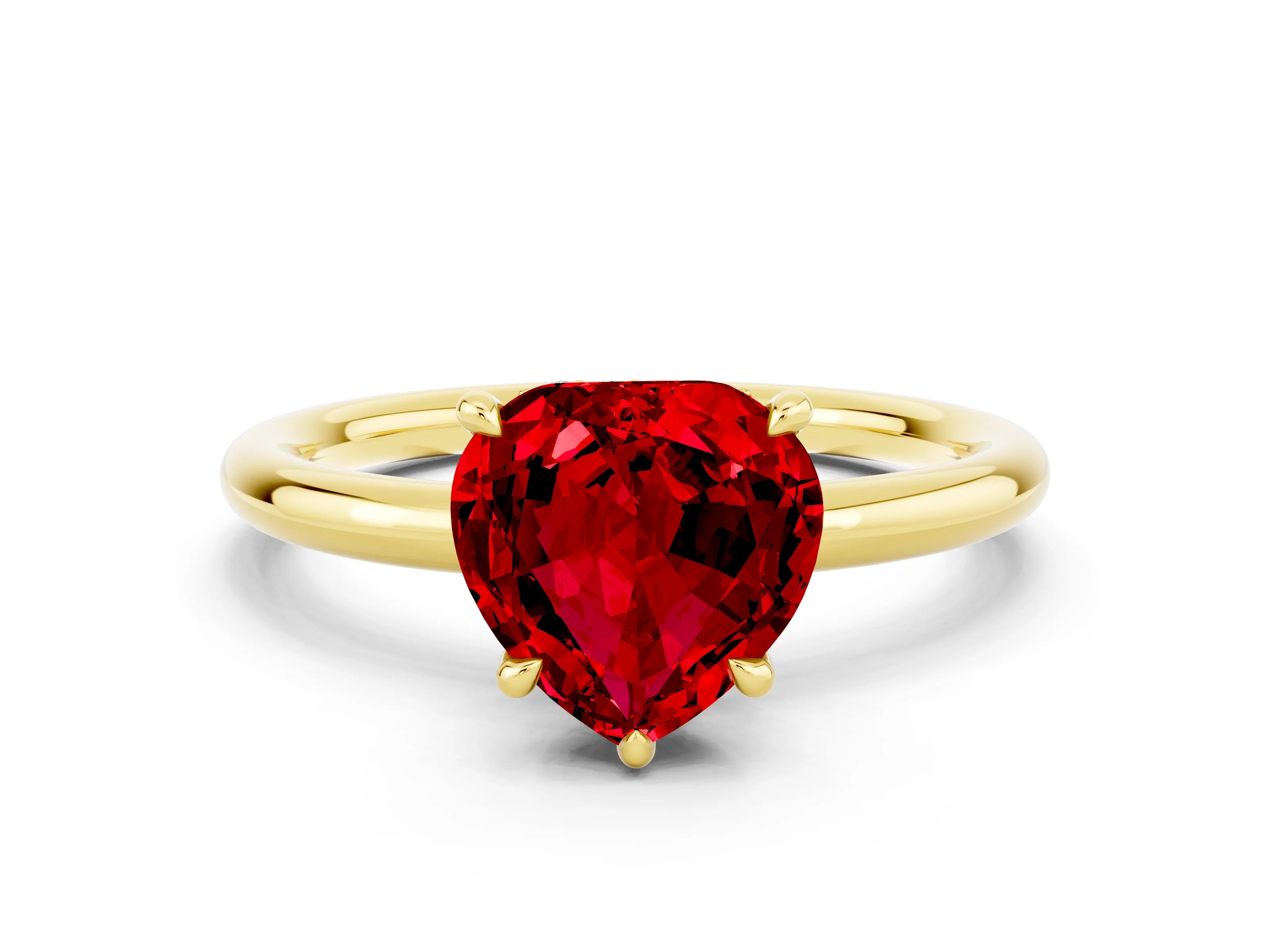 Yellow gold Heart Cut Ruby Solitaire Ring with Thin Band and Four-Prong Setting