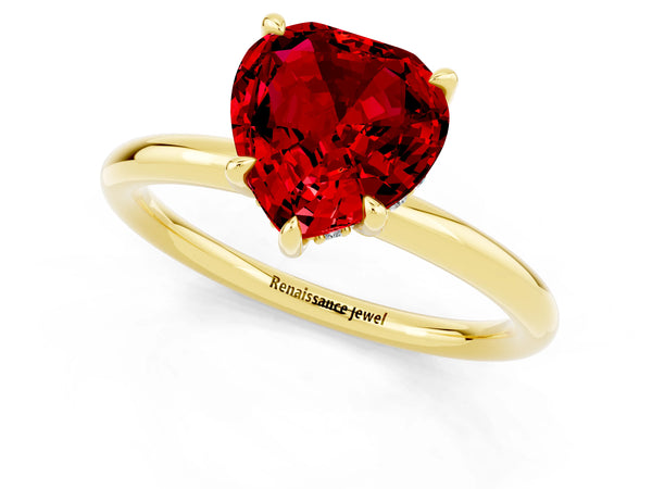 Yellow gold Heart Cut Ruby Solitaire Ring with Thin Band and Four-Prong Setting