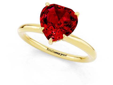 Yellow gold Heart Cut Ruby Solitaire Ring with Thin Band and Four-Prong Setting_1