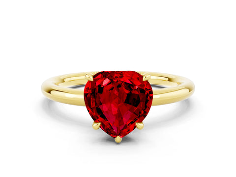 Yellow gold Heart Cut Ruby Solitaire Ring with Thin Band and Four-Prong Setting