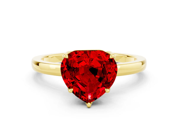 Yellow gold Heart Cut Ruby Solitaire Ring with Thin Band and Prong Setting
