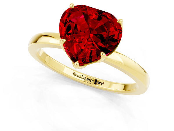 Yellow gold Heart Cut Ruby Solitaire Ring with Thin Band and Prong Setting