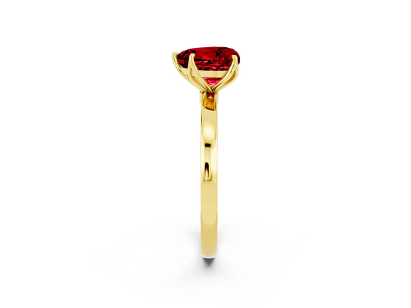 Yellow gold Heart Cut Ruby Solitaire Ring with Thin Band and Prong Setting