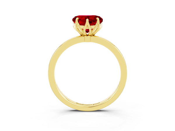 Yellow gold Heart Cut Ruby Solitaire Ring with Thin Band and Prong Setting