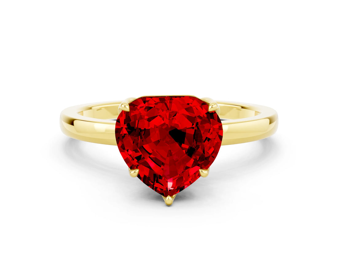 Yellow gold Heart Cut Ruby Solitaire Ring with Thin Band and Prong Setting_24