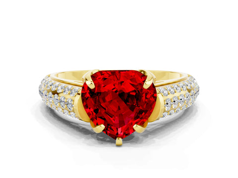 Yellow gold Heart Cut Ruby Solitaire Ring with Three-Row Pavé Band and Four-Prong Setting_12