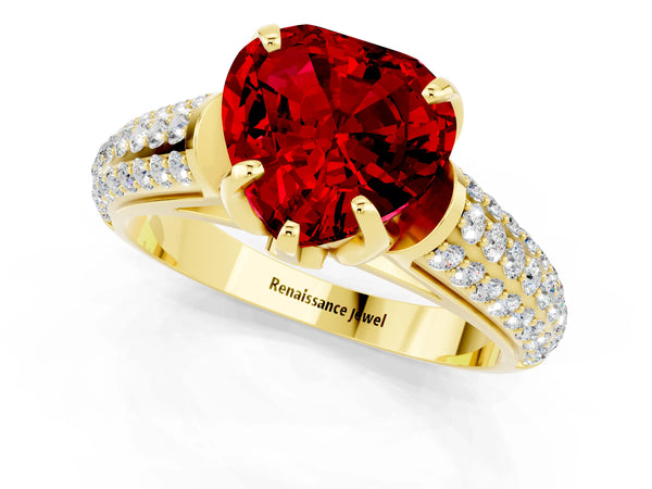 Yellow gold Heart Cut Ruby Solitaire Ring with Three-Row Pavé Band and Four-Prong Setting