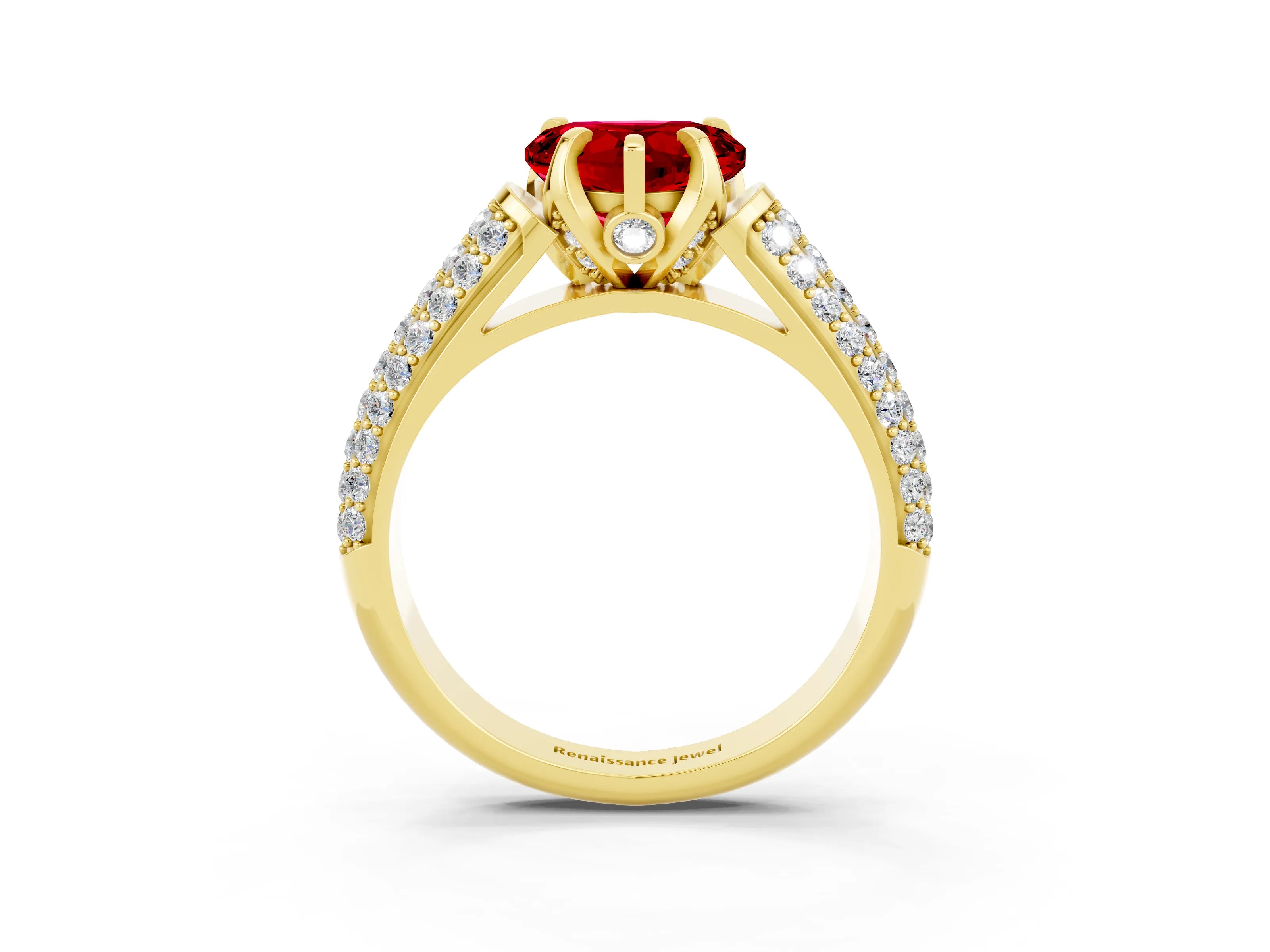 Yellow gold Heart Cut Ruby Solitaire Ring with Three-Row Pavé Band and Four-Prong Setting_15