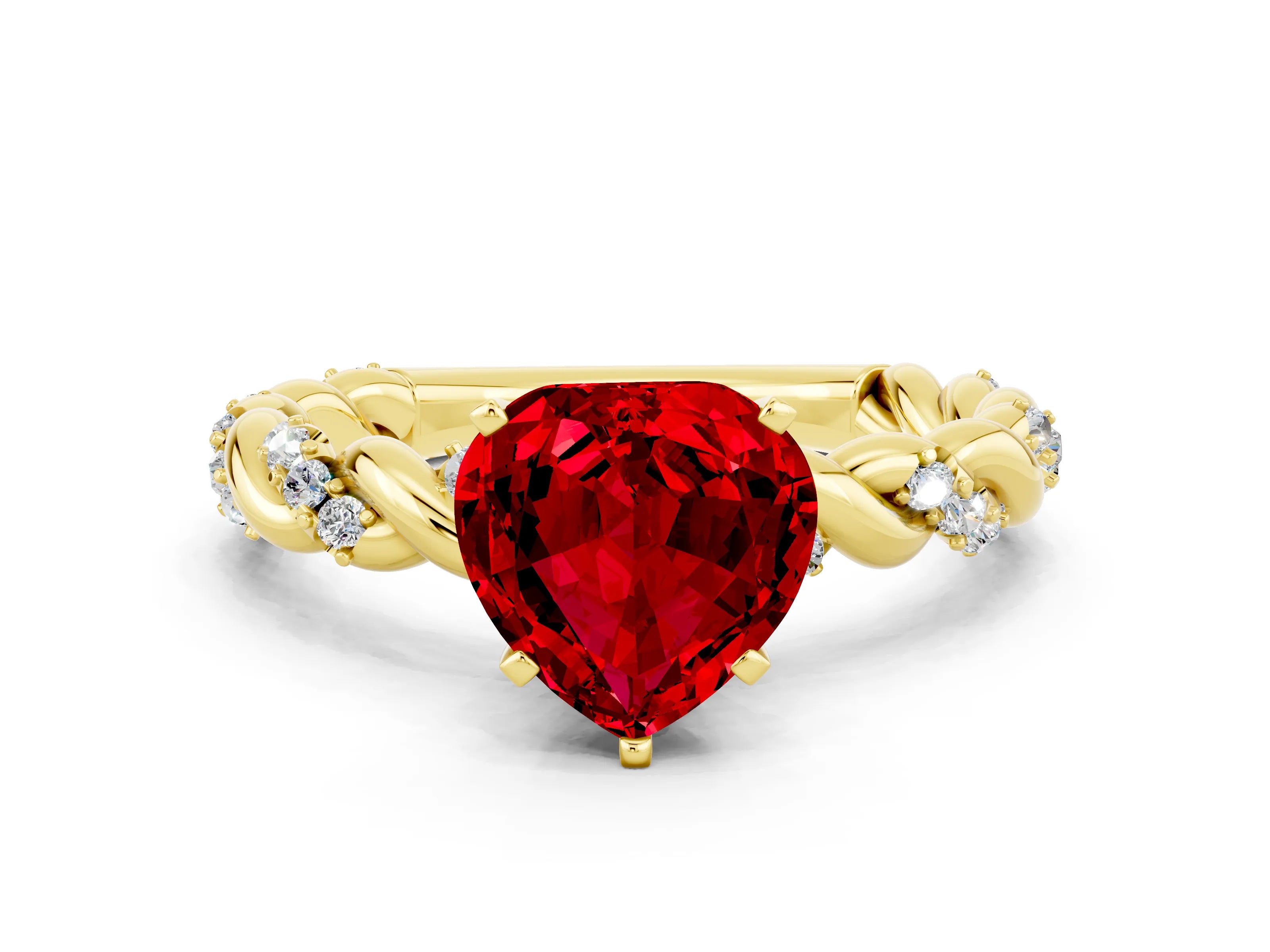 Yellow gold Heart Cut Ruby Solitaire Ring with Twisted Band and Pavé Accents