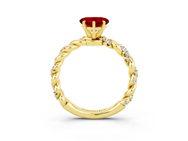 Yellow gold Heart Cut Ruby Solitaire Ring with Twisted Band and Pavé Accents