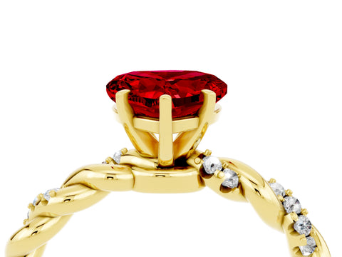 Yellow gold Heart Cut Ruby Solitaire Ring with Twisted Band and Pavé Accents_4