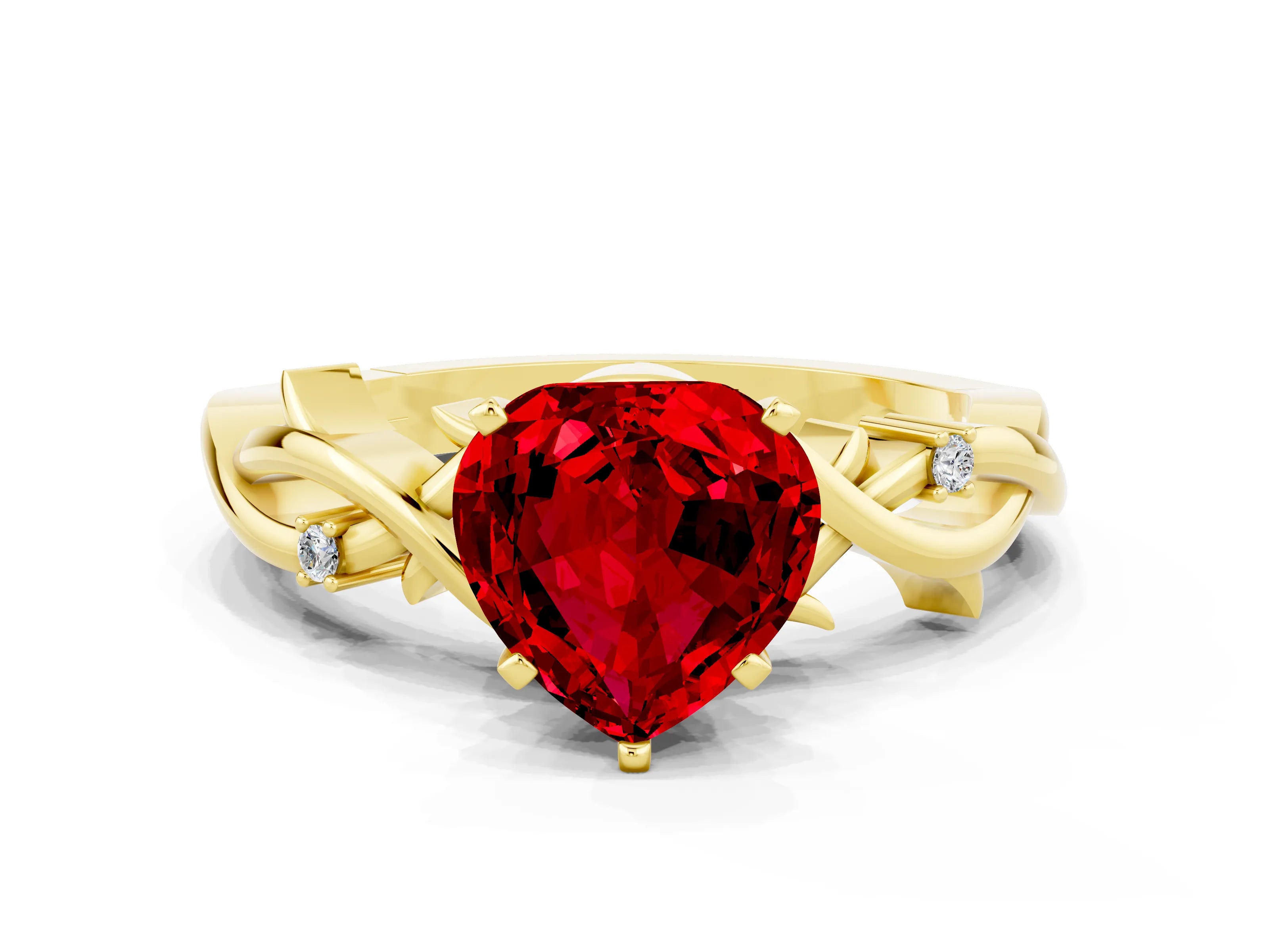 Yellow gold Heart Cut Ruby Solitaire Ring with Twisted Band and Prong Setting