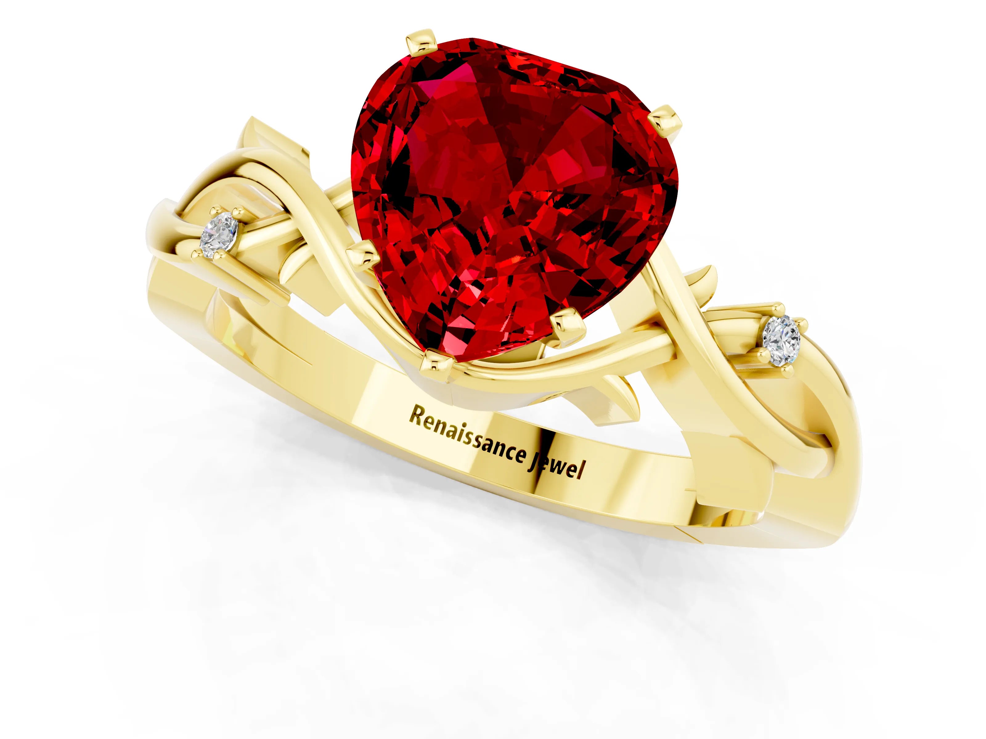 Yellow gold Heart Cut Ruby Solitaire Ring with Twisted Band and Prong Setting_1