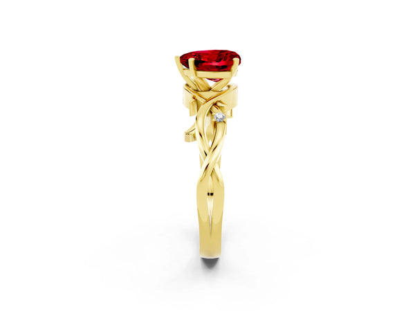Yellow gold Heart Cut Ruby Solitaire Ring with Twisted Band and Prong Setting