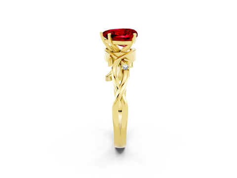Yellow gold Heart Cut Ruby Solitaire Ring with Twisted Band and Prong Setting_2