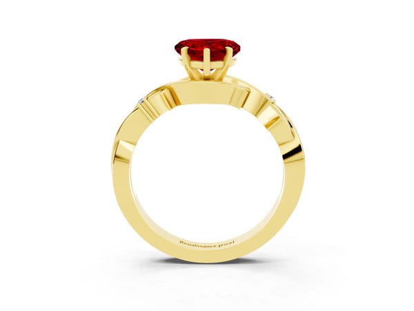 Yellow gold Heart Cut Ruby Solitaire Ring with Twisted Band and Prong Setting