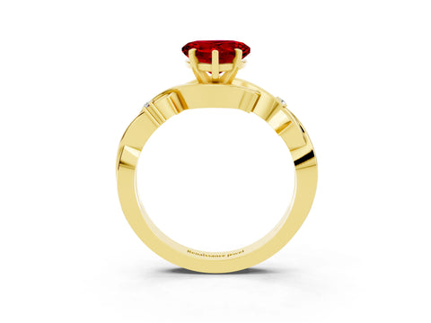 Yellow gold Heart Cut Ruby Solitaire Ring with Twisted Band and Prong Setting_3