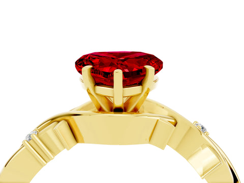 Yellow gold Heart Cut Ruby Solitaire Ring with Twisted Band and Prong Setting_4