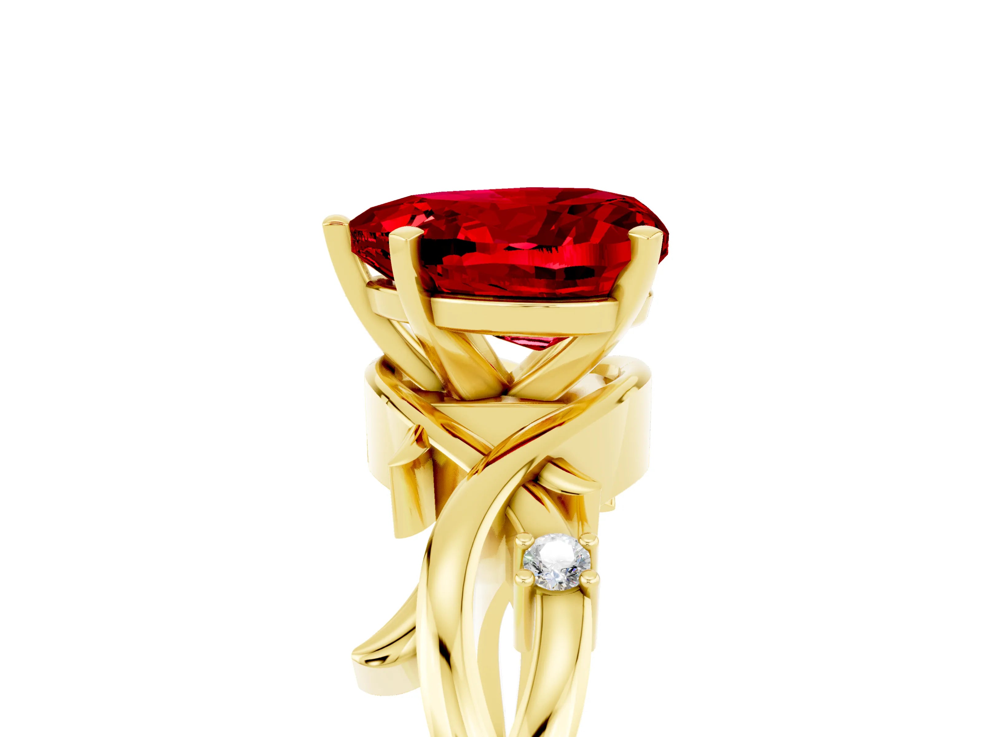 Yellow gold Heart Cut Ruby Solitaire Ring with Twisted Band and Prong Setting_5