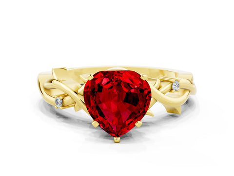 Yellow gold Heart Cut Ruby Solitaire Ring with Twisted Band and Prong Setting