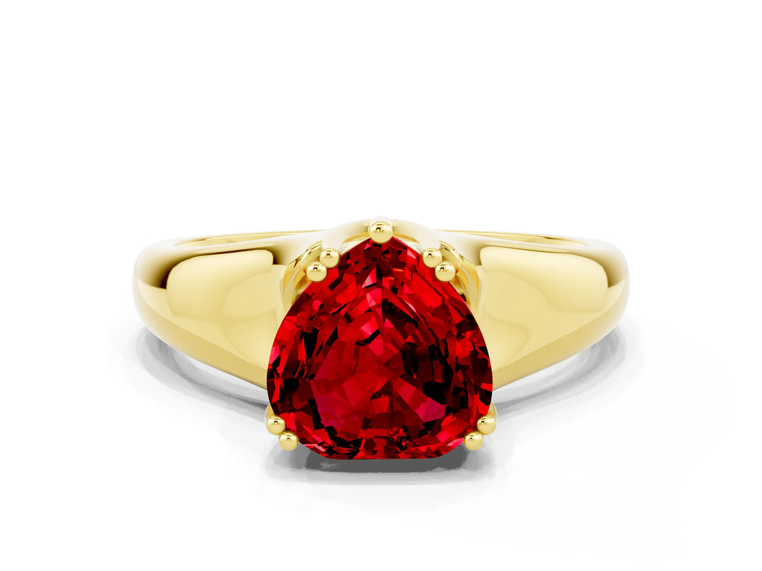 Yellow gold Heart Cut Ruby Solitaire Ring with Wide Band and Prong Setting