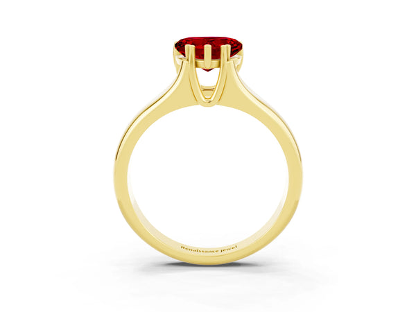 Yellow gold Heart Cut Ruby Solitaire Ring with Wide Band and Prong Setting