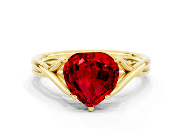Yellow gold Heart Cut Ruby Solitaire Twist Band Prong Setting Ring