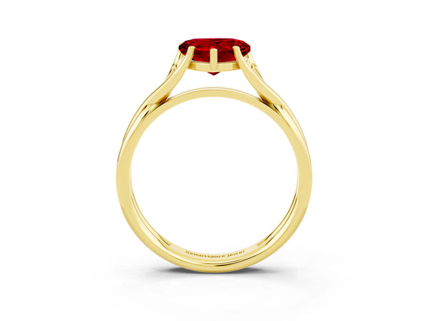 Yellow gold Heart Cut Ruby Solitaire Twist Band Prong Setting Ring