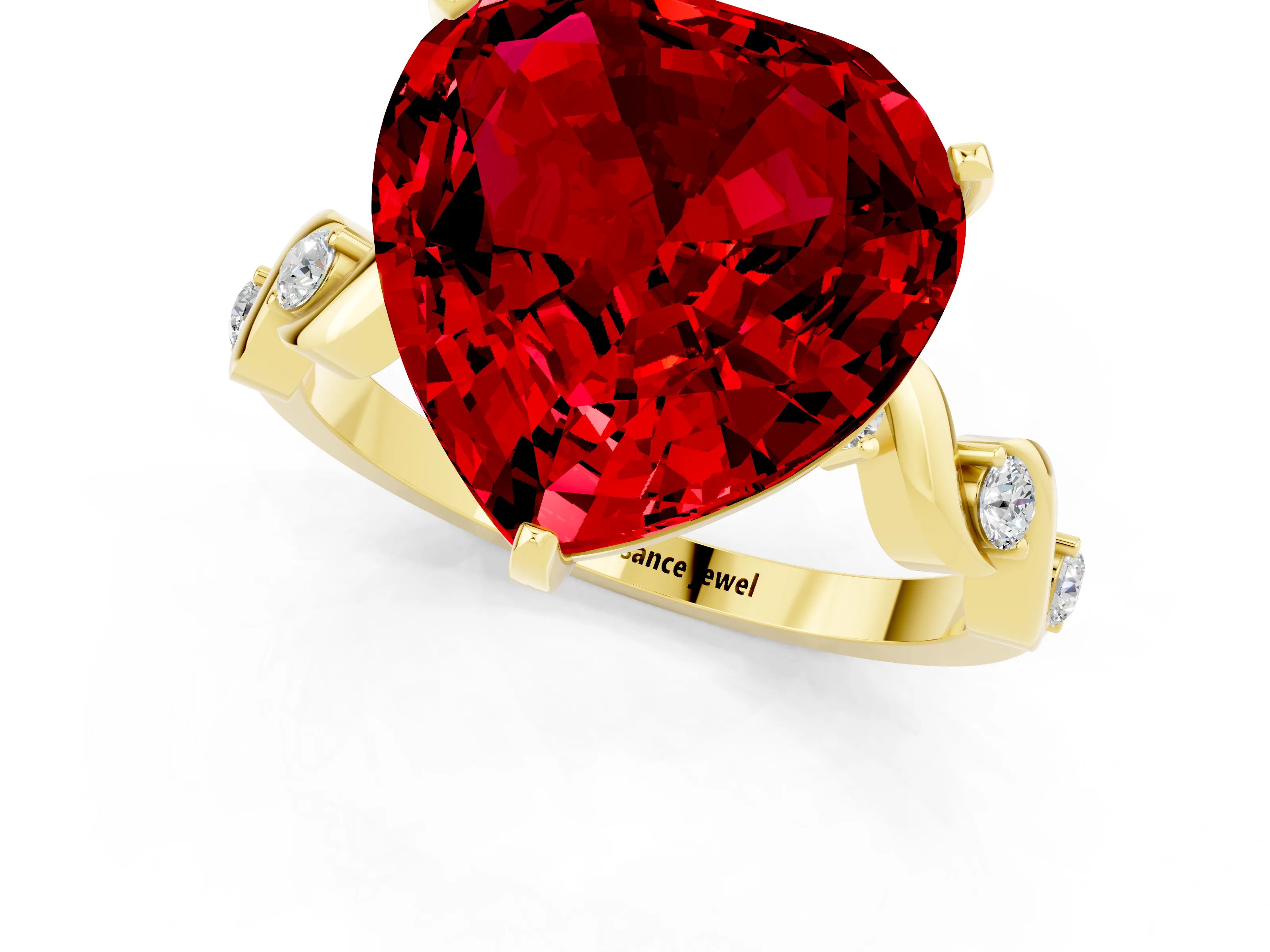 Yellow gold Heart Cut Ruby Solitaire Twisted Band with Round  Accents and Prong Setting_13