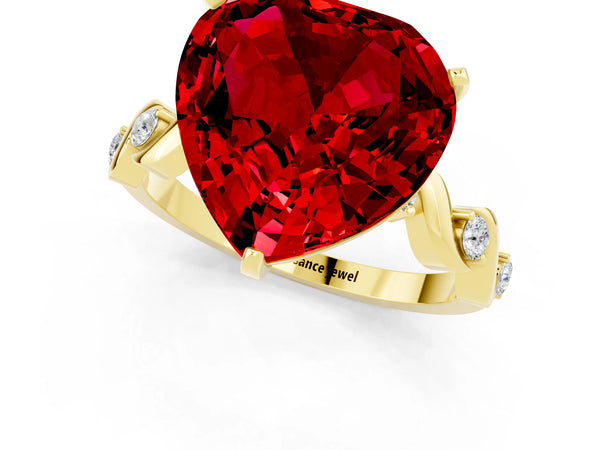 Yellow gold Heart Cut Ruby Solitaire Twisted Band with Round  Accents and Prong Setting