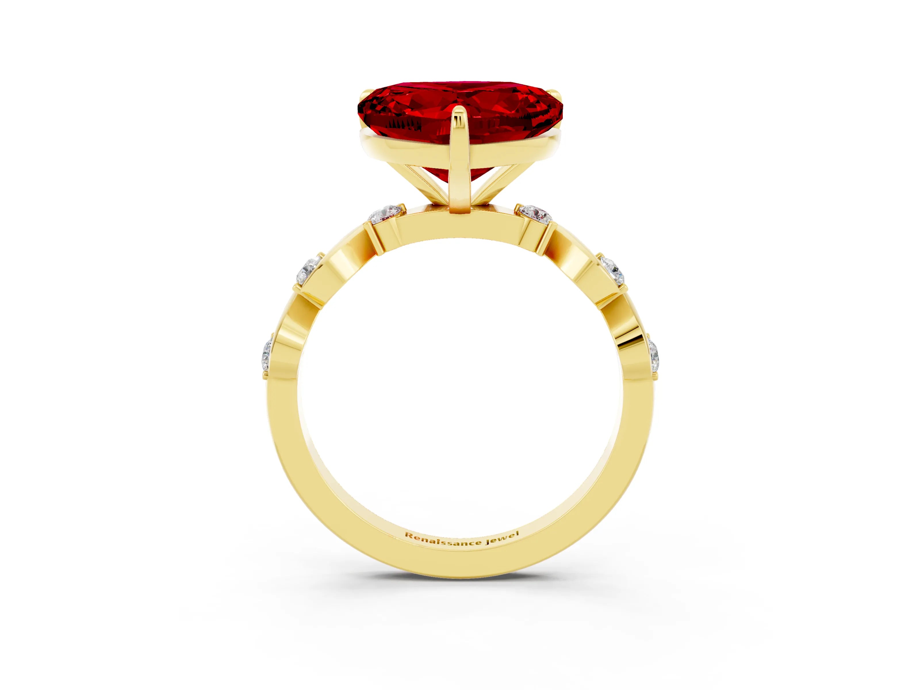 Yellow gold Heart Cut Ruby Solitaire Twisted Band with Round  Accents and Prong Setting_15