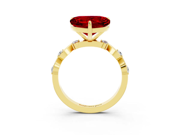 Yellow gold Heart Cut Ruby Solitaire Twisted Band with Round  Accents and Prong Setting
