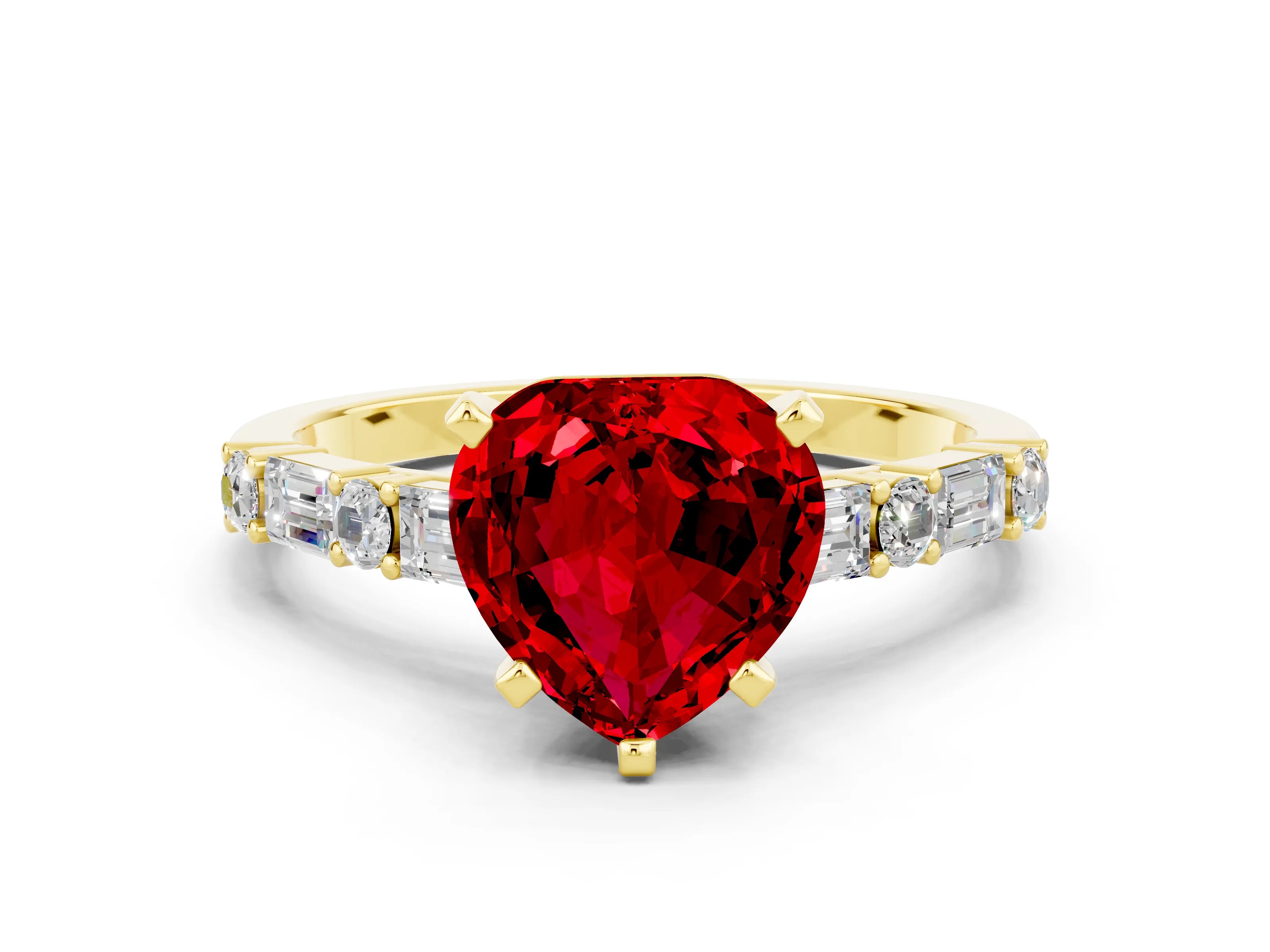 Yellow gold Heart Cut Ruby Solitaire with Side Baguettes and Channel Set Band