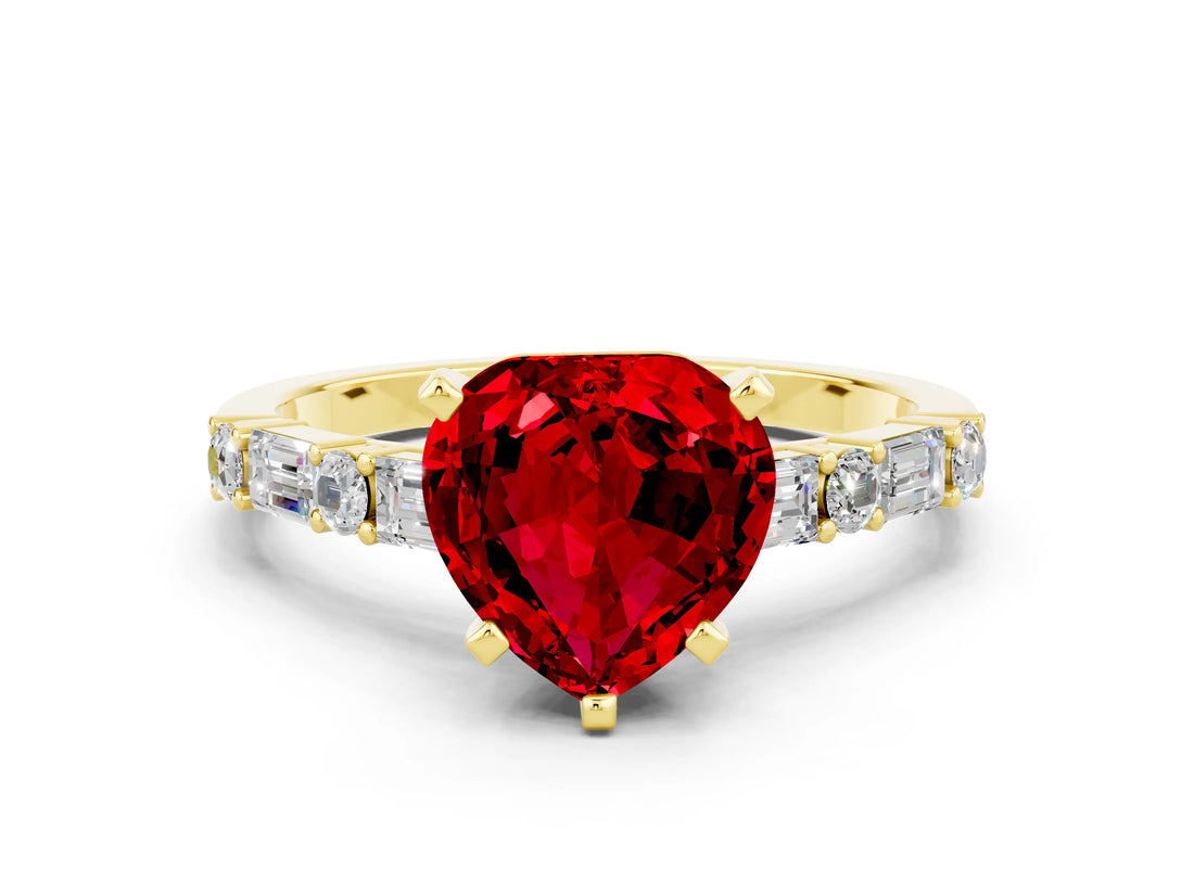 Yellow gold Heart Cut Ruby Solitaire with Side Baguettes and Channel Set Band