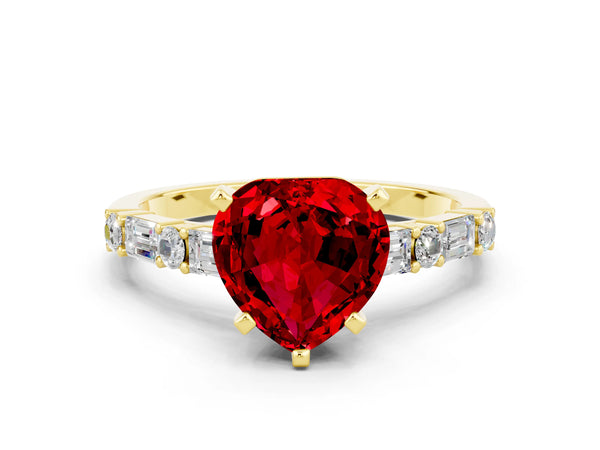 Yellow gold Heart Cut Ruby Solitaire with Side Baguettes and Channel Set Band