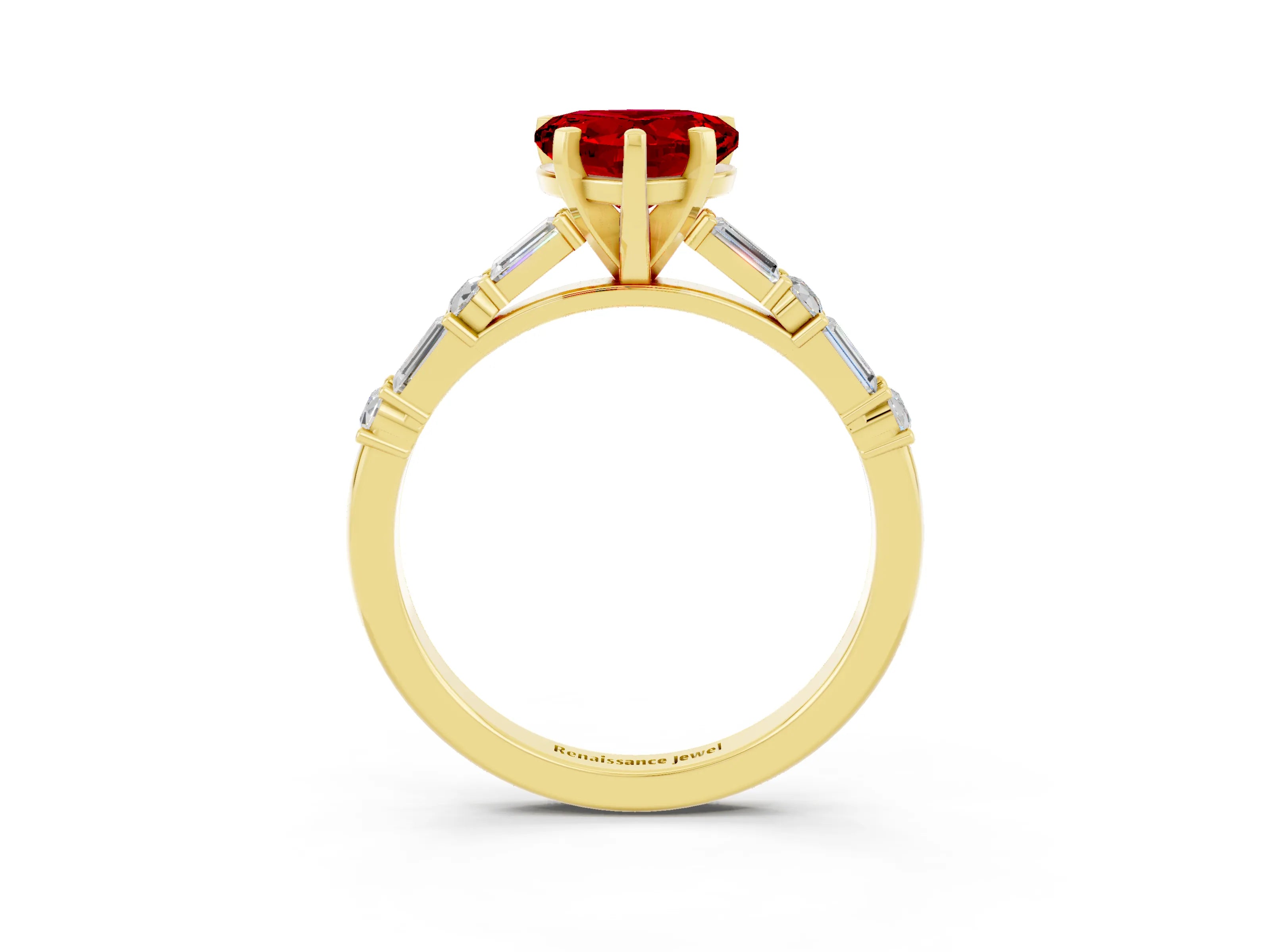 Yellow gold Heart Cut Ruby Solitaire with Side Baguettes and Channel Set Band_3