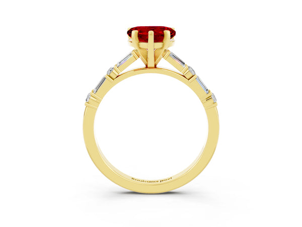 Yellow gold Heart Cut Ruby Solitaire with Side Baguettes and Channel Set Band