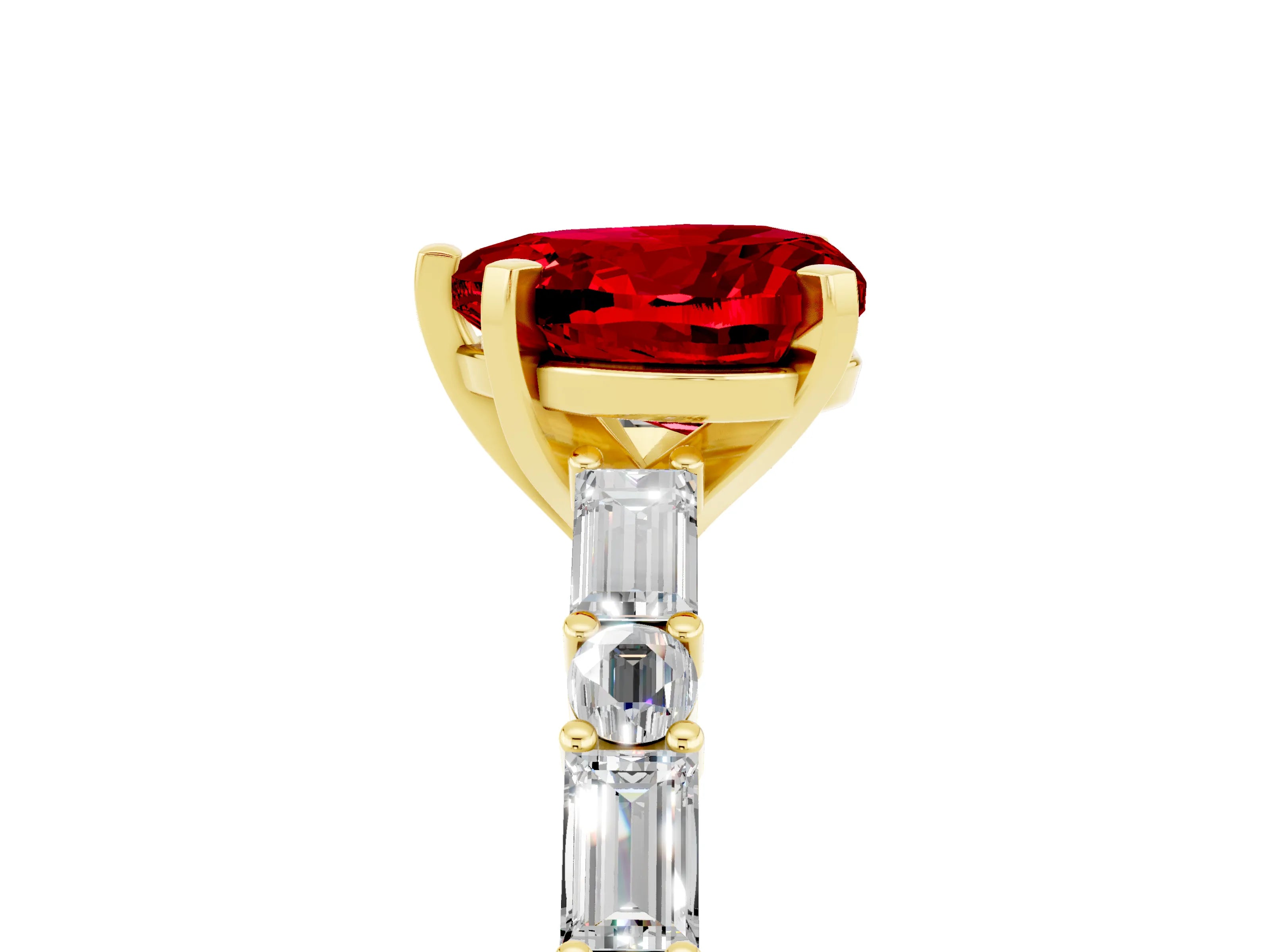 Yellow gold Heart Cut Ruby Solitaire with Side Baguettes and Channel Set Band_5
