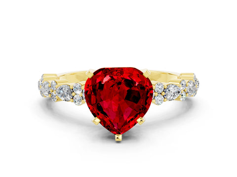 Yellow gold Heart Cut Ruby Solitaire with Side Stones, Pave Band, Four-Prong Setting_12
