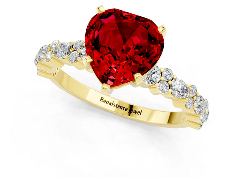 Yellow gold Heart Cut Ruby Solitaire with Side Stones, Pave Band, Four-Prong Setting_13