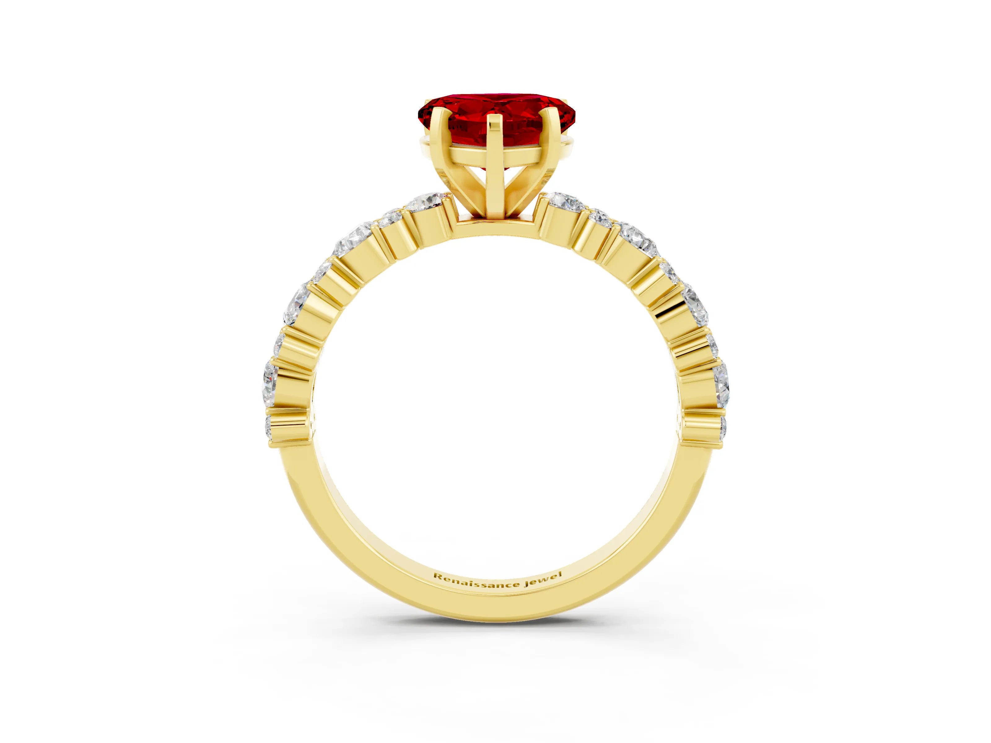 Yellow gold Heart Cut Ruby Solitaire with Side Stones, Pave Band, Four-Prong Setting_15
