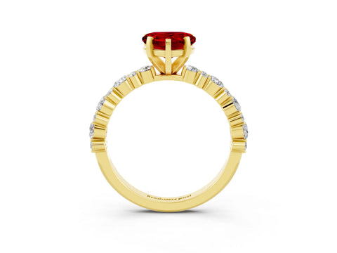 Yellow gold Heart Cut Ruby Solitaire with Side Stones, Pave Band, Four-Prong Setting_15