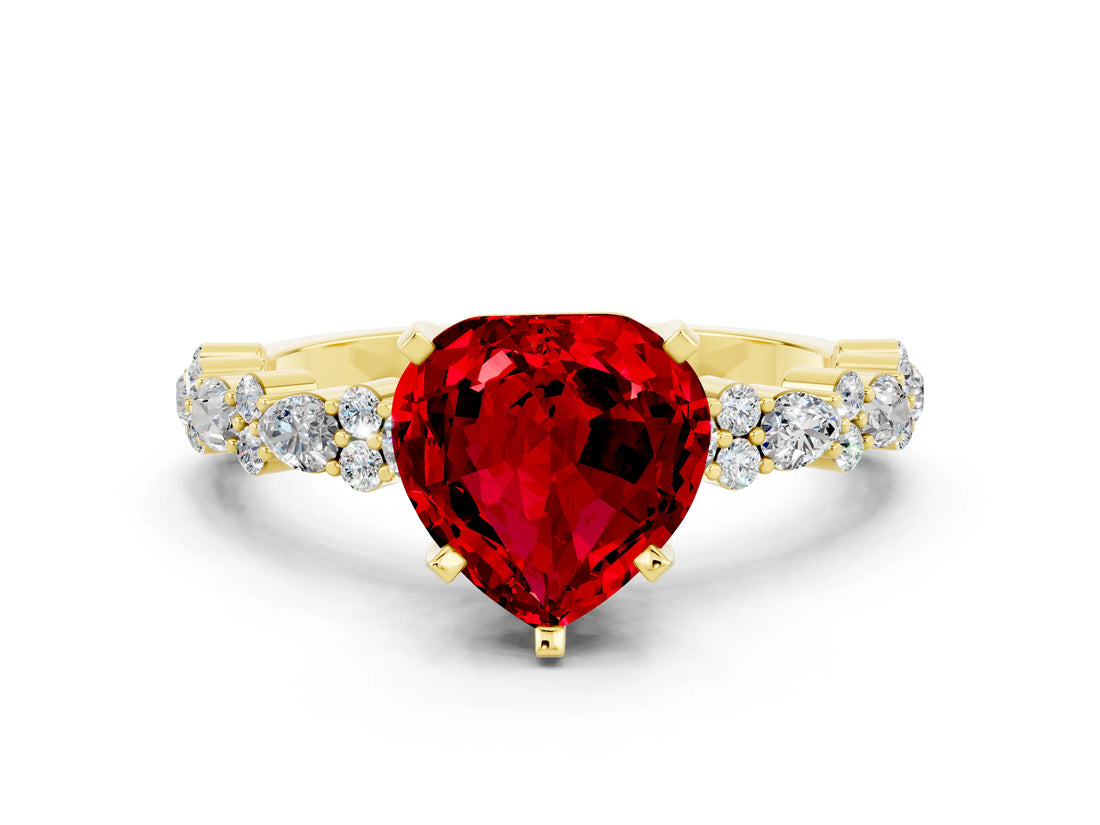Yellow gold Heart Cut Ruby Solitaire with Side Stones, Pave Band, Four-Prong Setting_36