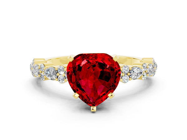 Yellow gold Heart Cut Ruby Side Stone Solitaire Ring with Round  and Four-Prong Setting