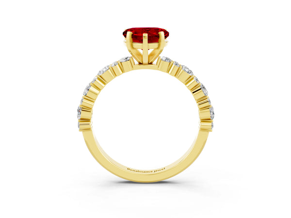 Yellow gold Heart Cut Ruby Side Stone Solitaire Ring with Round  and Four-Prong Setting
