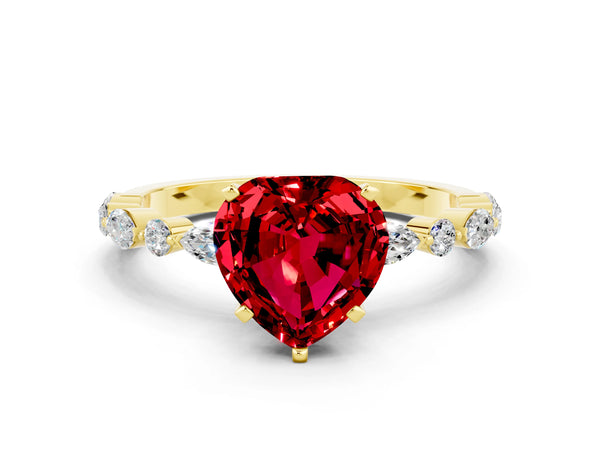 Yellow gold Heart Cut Ruby Ring with Marquise and Round  Side Stones and Four-Prong Setting