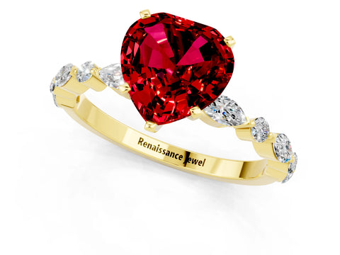 Yellow gold Heart Cut Ruby Solitaire with Side Stones on a Pavé Band and Four-Prong Setting_1